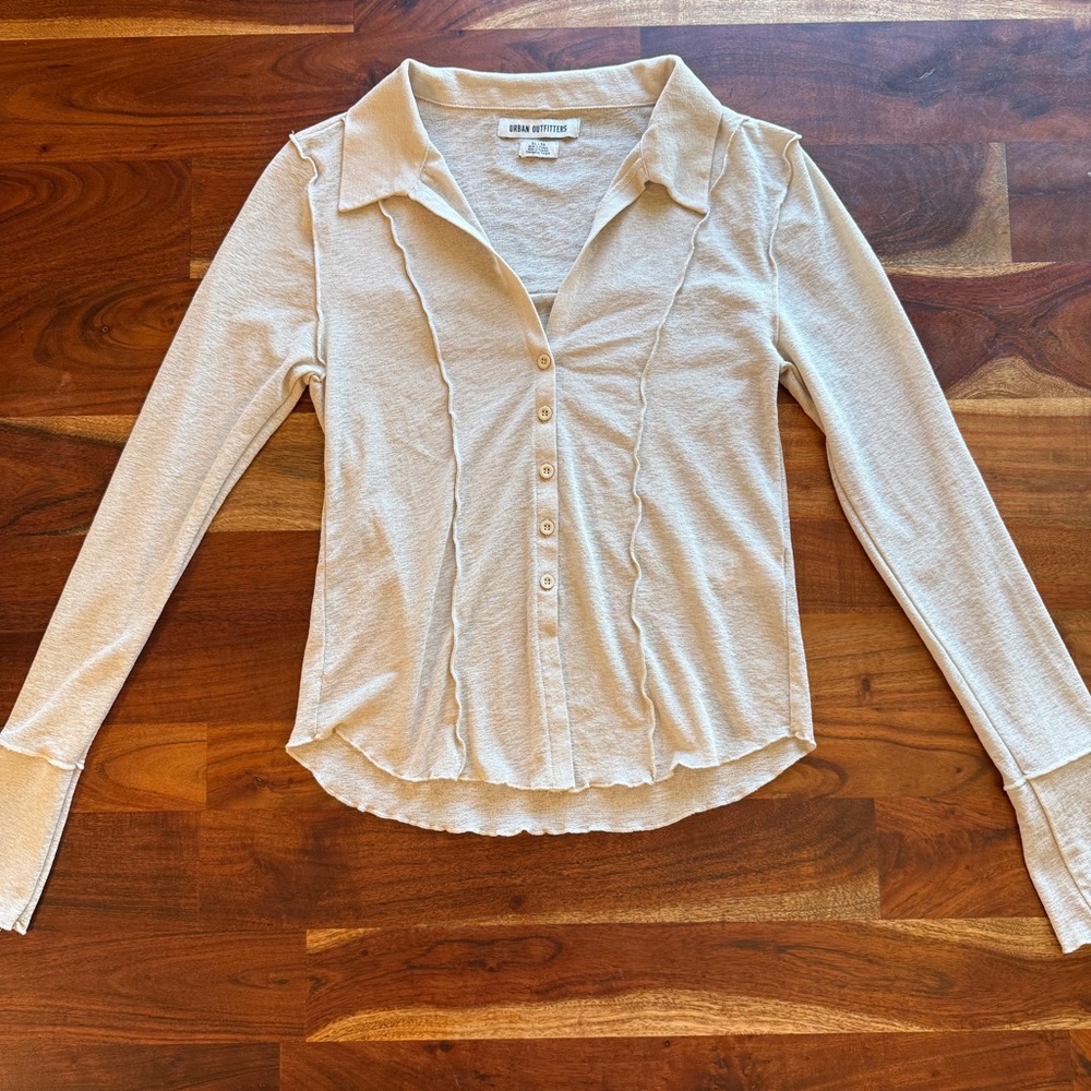 Urban Outfitters Mesh Button-Front Lightweight Long Sleeve Top